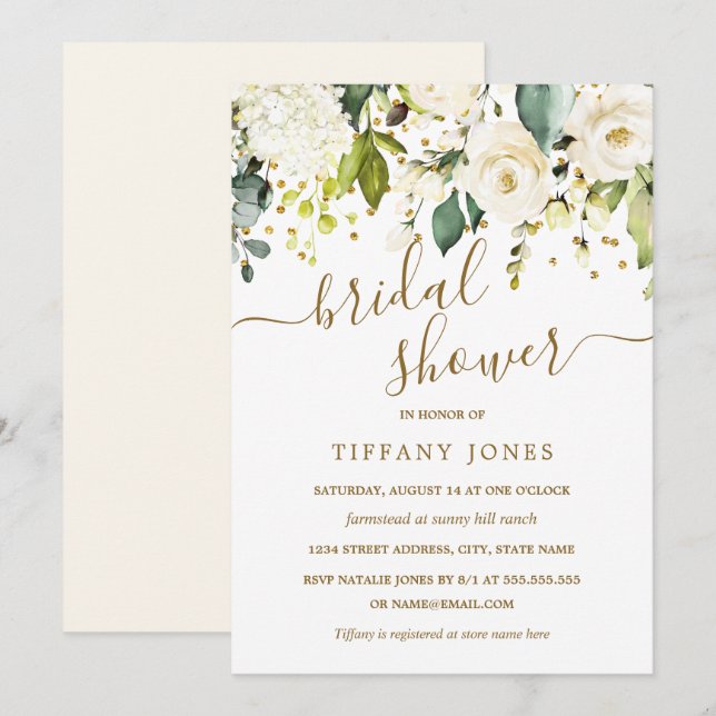 Invitation Fête des mariées de Confetti en or floral blanc (Devant / Derrière)