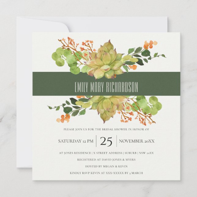 INVITATION FÊTE DES MARIÉES DE COULEUR D'EAU FLORALE SUCCULTE (Devant)