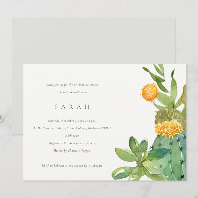 INVITATION FÊTE DES MARIÉES DE COULEUR D'EAU FLORALE SUCCULTE (Devant / Derrière)