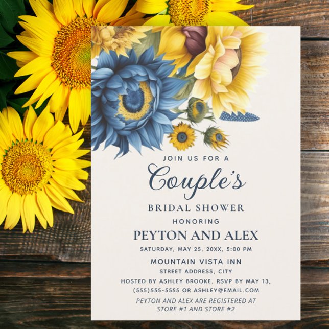 Invitation Fête des mariées de Couple de fleurs de soleil jau (Navy blue and yellow sunflowers Couple's bridal shower invitation)