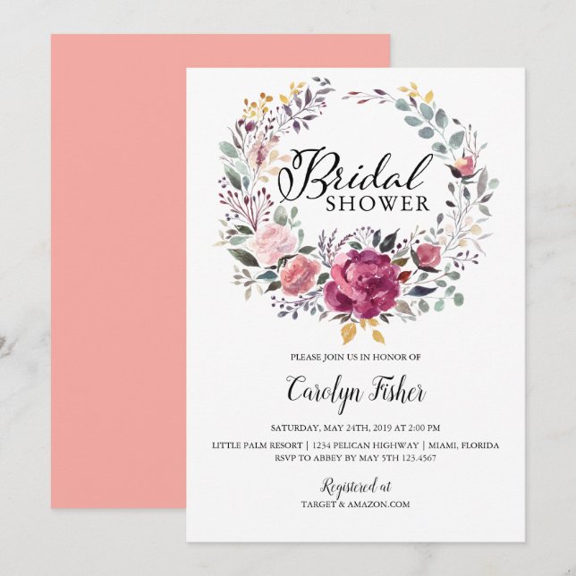Invitation FÊTE DES MARIÉES de couronne PInk Roses (Devant / Derrière)