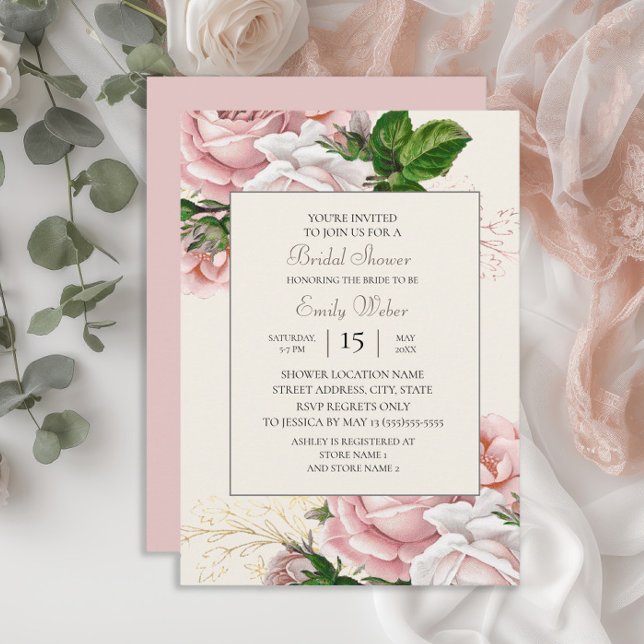 Invitation Fête des mariées de crème Rose rose pâle (Blush pink vintage floral bridal shower invitation)