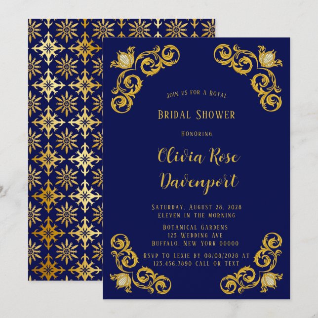 Invitation Fête des mariées de Damas de Couronne Royale Bleue (Devant / Derrière)