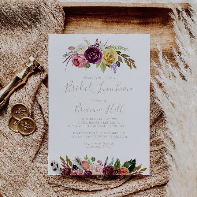 Invitation Fête des mariées de déjeuner Floral Boho Gold (Créateur téléchargé)