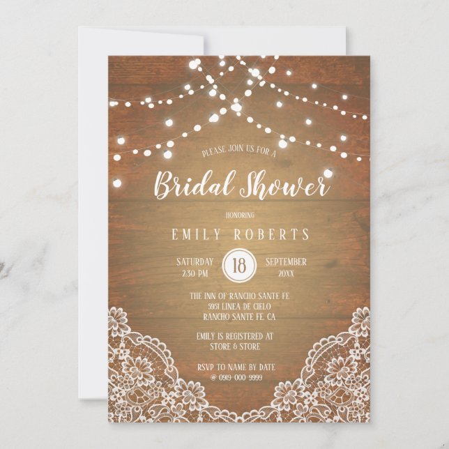 Invitation Fête des mariées de dentelle en bois rustique (Devant)