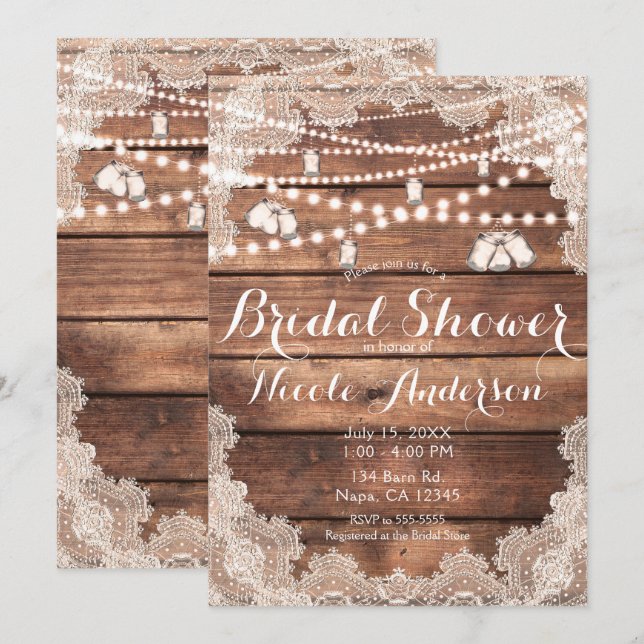 Invitation Fête des mariées de dentelle romantique en bois ru (Devant / Derrière)