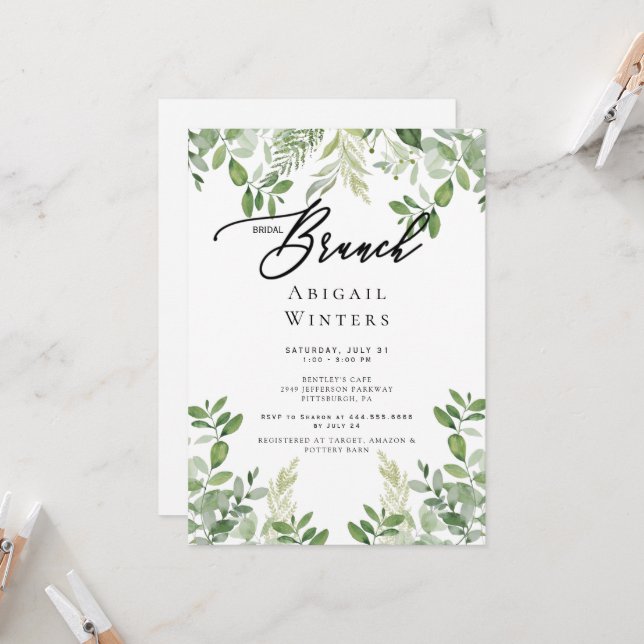 Invitation Fête des mariées de feuillage de Brunch nuptial mo (Devant/Arrière en situation)