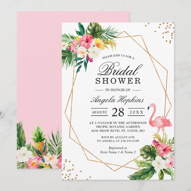 Invitation Fête des mariées de Flamant rose Tropical Floral G (Devant / Derrière)