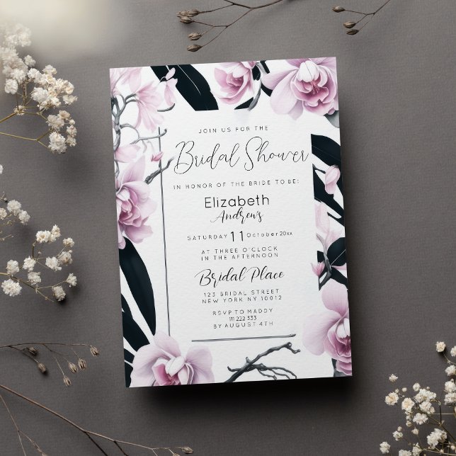 Invitation Fête des mariées de fleur d'orchidée noire rose aq (Watercolor pink black orchid flower Bridal Shower)