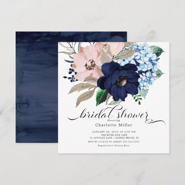 Invitation Fête des mariées de fleurs bleu et bleu marine (Devant / Derrière)