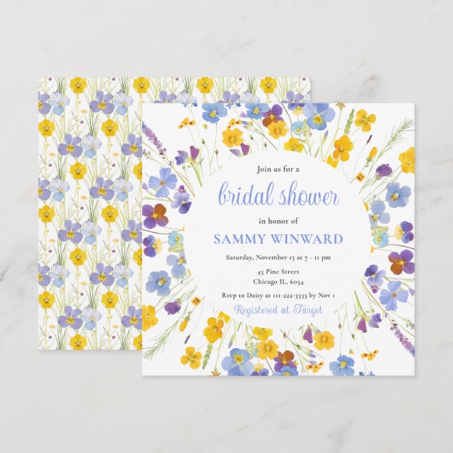 Invitation Fête des mariées de fleurs bleu et jaune printemps (Devant / Derrière)