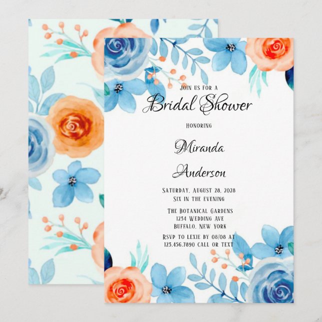 Invitation Fête des mariées de fleurs couleur bleu orangé (Devant / Derrière)