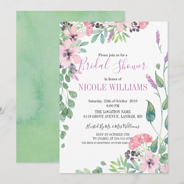Invitation Fête des mariées de fleurs d'aquarelle de lavande  (Devant / Derrière)