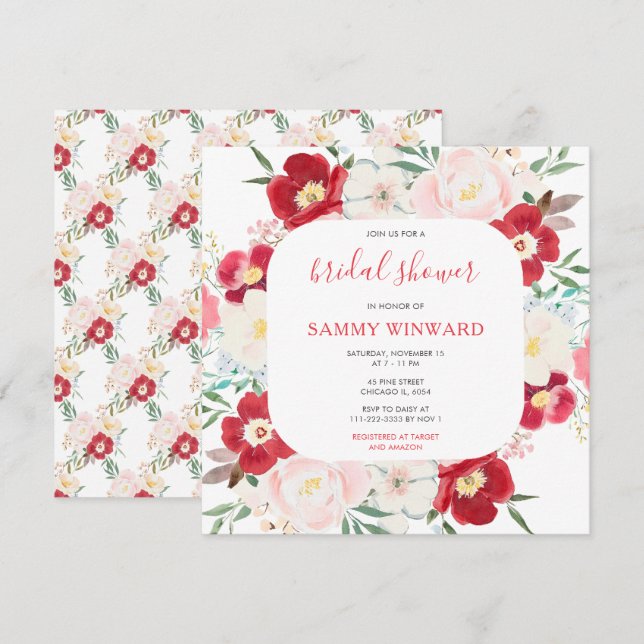 Invitation Fête des mariées de fleurs de pivoines roses et vi (Devant / Derrière)