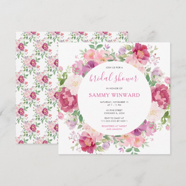 Invitation Fête des mariées de fleurs de pivoines roses et vi (Devant / Derrière)