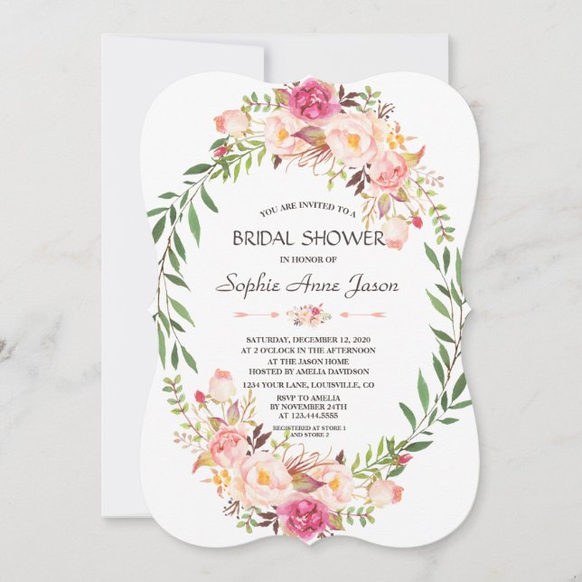 Invitation Fête des mariées de fleurs florales rose rustique (Devant)