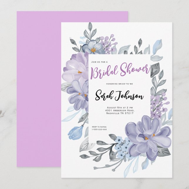 Invitation Fête des mariées de fleurs Lilac d'aquarelle viole (Devant / Derrière)
