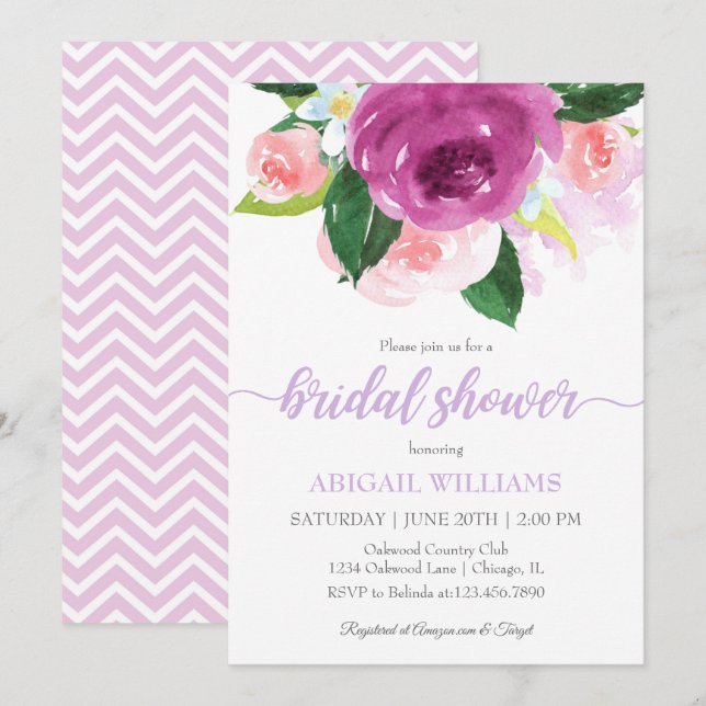 Invitation Fête des mariées de fleurs rose et violet (Devant / Derrière)