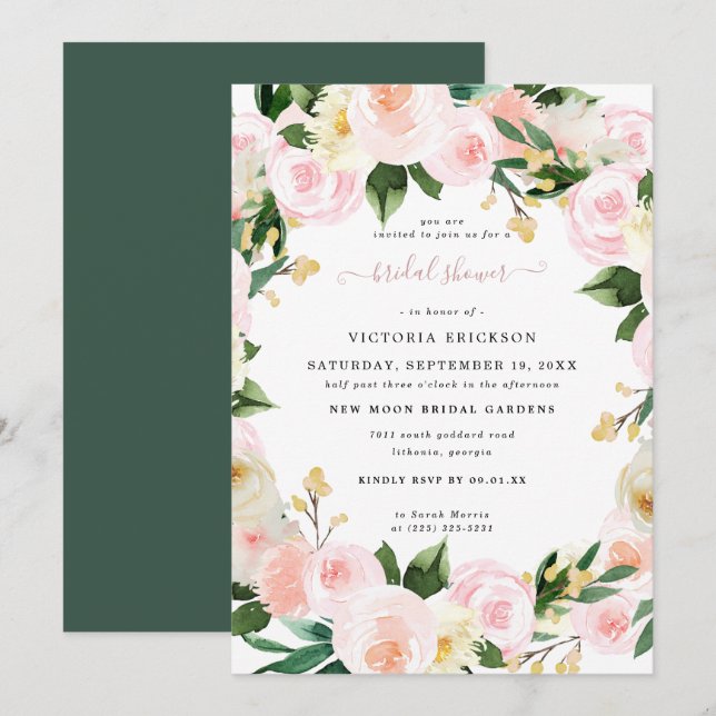 Invitation Fête des mariées de fleurs rose pâle Aquarelle (Devant / Derrière)