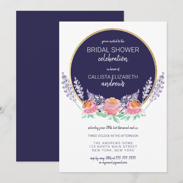 Invitation Fête des mariées de fleurs sauvages de la marine n (Devant / Derrière)