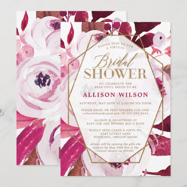 Invitation Fête des mariées de floraison rose et or chaud (Devant / Derrière)