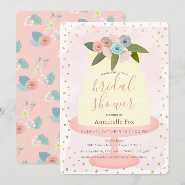 Invitation Fête des mariées de gâteau Floral d'or rose (Devant / Derrière)