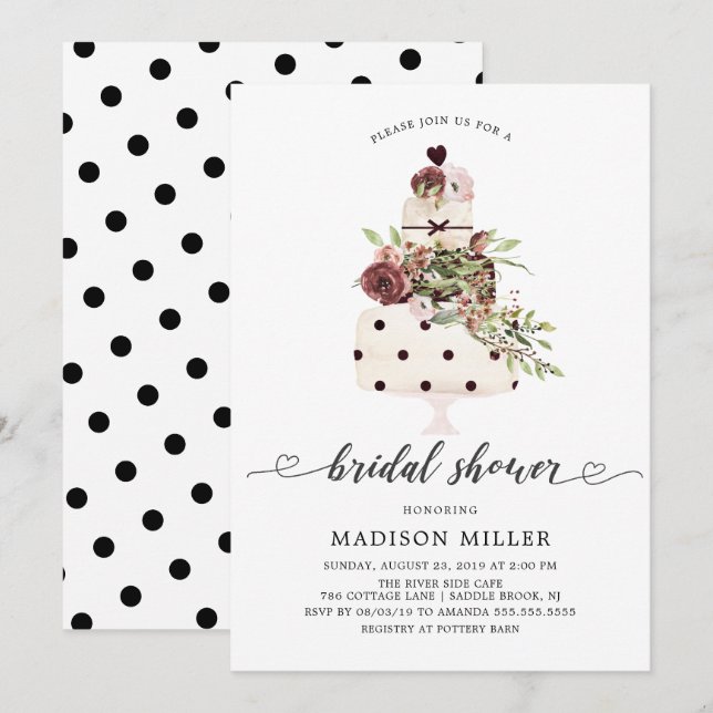 Invitation Fête des mariées de gâteau floral moderne Marsala  (Devant / Derrière)