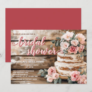 Invitation Fête des mariées de gâteau rustique en bois et ros