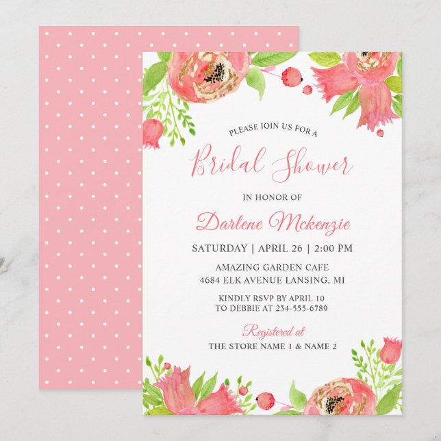 Invitation Fête des mariées de jardin fleuri rose corail (Devant / Derrière)