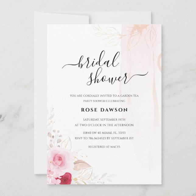 Invitation Fête des mariées de jardin floral rose et or (Devant)