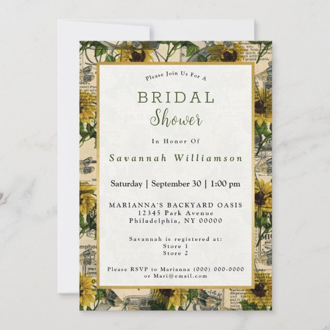 Invitation Fête des mariées de journal de tournesol jaune rét (Devant)