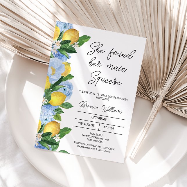 Invitation Fête des mariées de la taille principale florale d (She Found Her Main Squeeze Bridal Shower Invitation, Lemon Bridal Shower Invitation Template Blue)