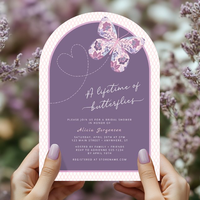 Invitation Fête des mariées de la vie des papillons (Shown on a 5" x 7" invitation with Arch shape)
