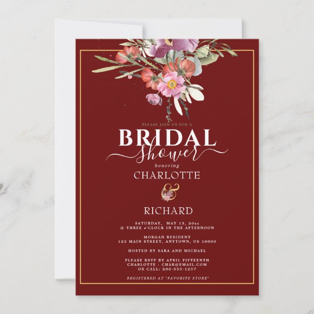 Invitation Fête des mariées de l'esperluette rose floral (Devant)