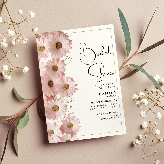 Invitation Fête des mariées de marguerite en or rose vif bota (Botanical blush pink gold daisy Bridal Shower)