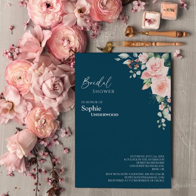 Invitation Fête des mariées de Mariage Blush Floral Navy (Créateur téléchargé)