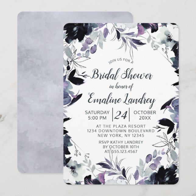 Invitation Fête des mariées de Mariage floral noir Dusty (Devant / Derrière)