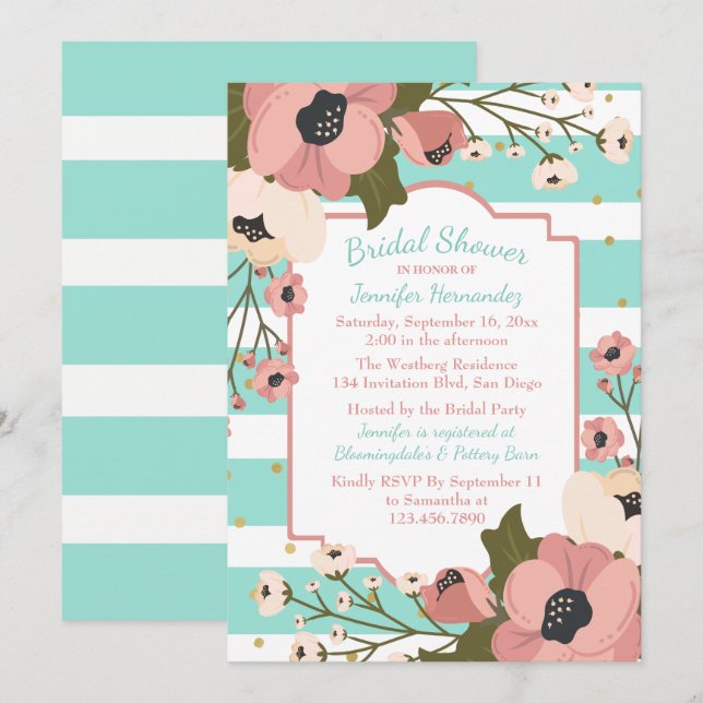 Invitation Fête des mariées de menthe florale Fleurs roses ra (Devant / Derrière)