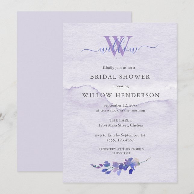 Invitation Fête des mariées de monogramme d'aquarelle violet (Devant / Derrière)