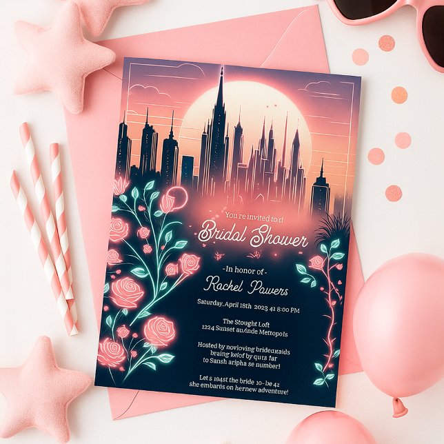 Invitation Fête des mariées de néon futuriste Rose électrique (Electric Roses Futuristic Neon Bridal Shower Invitation
)