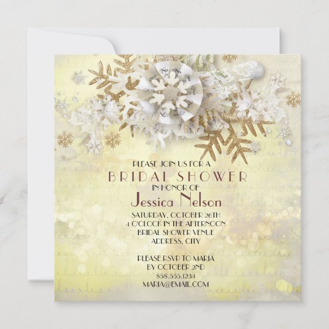 Invitation Fête des mariées de Noël Elegant Gold Snowflakes (Devant)