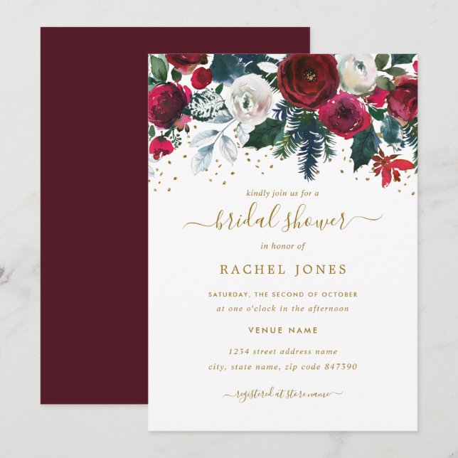 Invitation Fête des mariées de Noël Florale d'or rouge Bourgo (Devant / Derrière)
