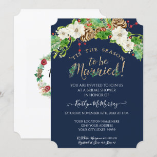 Invitation Fête des mariées de Noël Holly White Floral Navy