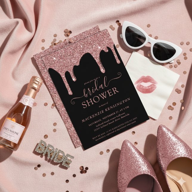 Invitation Fête des mariées de Parties scintillant Black Rose (Luxury Black Rose Gold Glitter Drips Bridal Shower Invitation)
