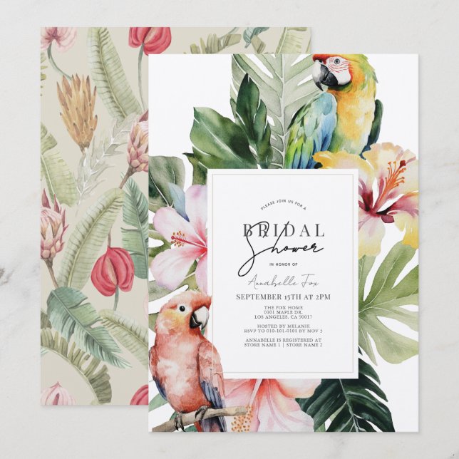 Invitation Fête des mariées de perroquets tropicaux floraux e (Devant / Derrière)