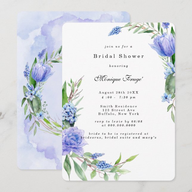 Invitation Fête des mariées de pivoine violet Dusty Blue Hyac (Devant / Derrière)