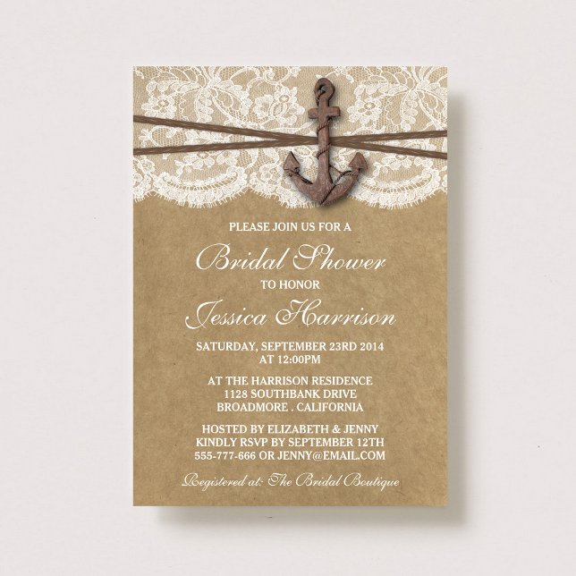 Invitation Fête des mariées de plage Kraft, dentelle et Ancre (Créateur téléchargé)
