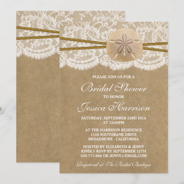 Invitation Fête des mariées de plage Kraft, dentelle et sable (Devant / Derrière)