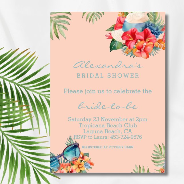 Invitation Fête des mariées de plage rose florale tropicale (Créateur téléchargé)