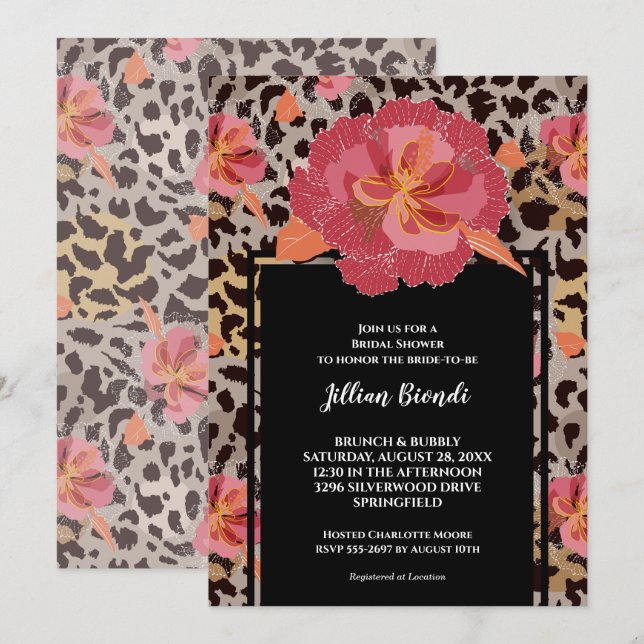 Invitation Fête des mariées de Poster de animal léopard rose (Devant / Derrière)